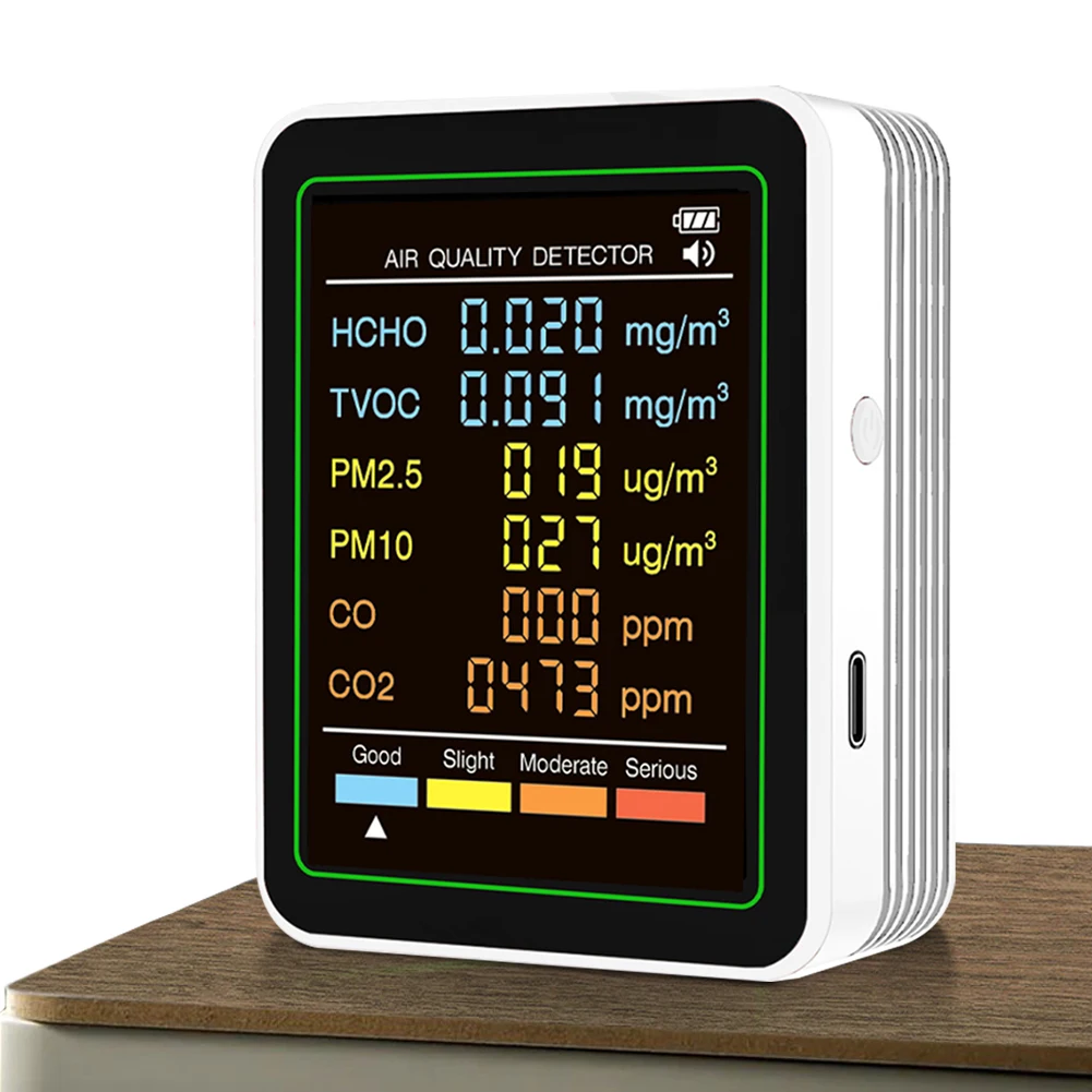 6-in-1 Air Quality Monitor Real-Time HCHO Detector Portable Temperature Humidity Detector for Home Office School