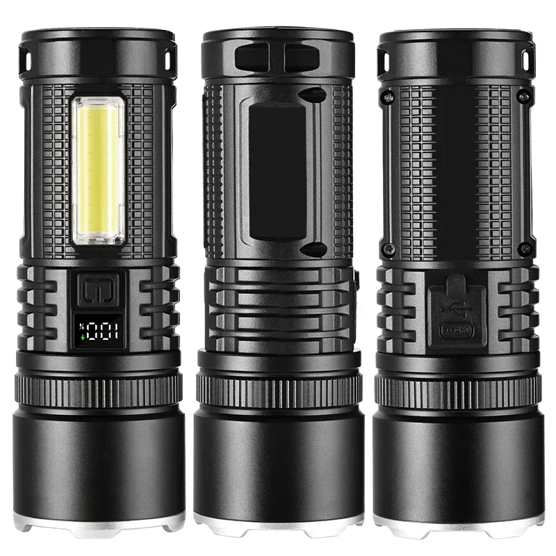 LED+COB Multifunctional Strong Light Flashlight Digital Display USB Outdoor Fishing Camping Charging Torch Telescopic Zoom Light