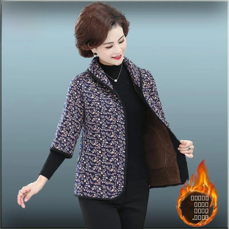 

Floral Print Fce Lined Cotton Jaet Women's mid Sve Stand Collar Coat Warmth for Middle Aged And ly Ladies