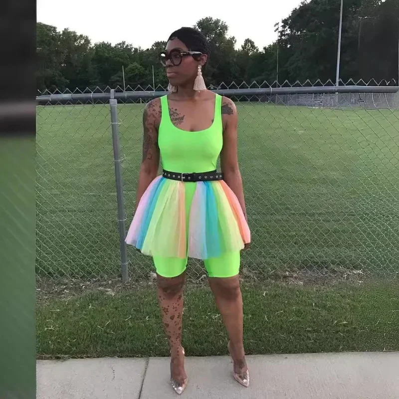 

GUWU Summer Women Rainbow Print Mesh Mini Skirt Suit and Neon Green O Neck Rompers Matching Two 2 Piece Set Outfit with Belt