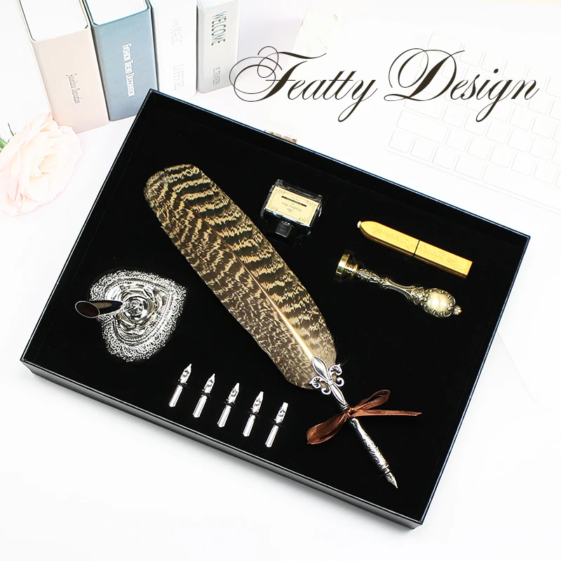 

Vintage Leopard Quill Feather Dip Pen Fountain Writing Ink 5 Nibs Seal Wax Gift Box Calligraphy Stationery School Supplies