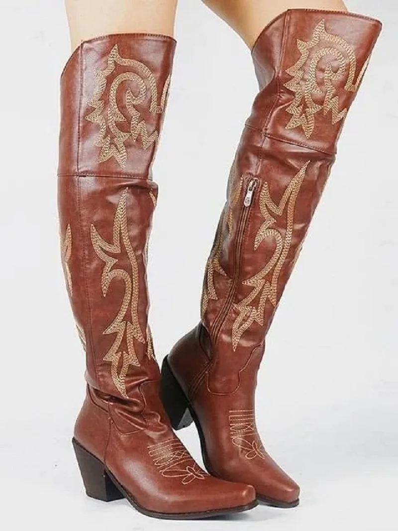 FEMALEAN 2023 High Long Over The Knee Pointed Toe Spring Western Cowboy Country Texana Boots Women Shoes On Offer