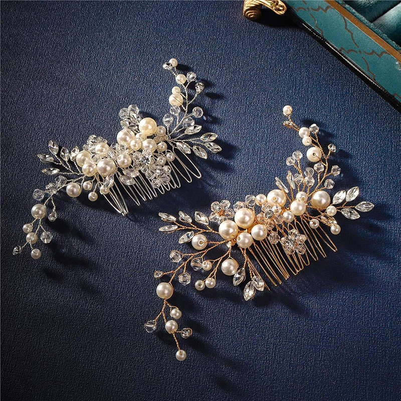

Fashion Bridal Pearl Hair Comb Silver Gold Wedding Headpiece Hair Clips Crystal Beaded Classic Jewelry Hair Accessories
