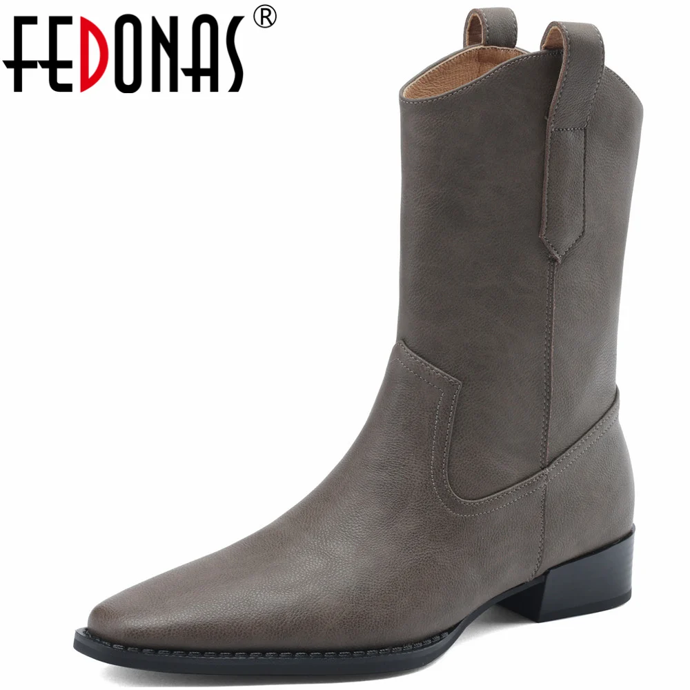 

FEDONAS Vintage Thick Heels Women Short Boots Genuine Leather Concise Shoes Woman Autumn Winter Office Lady Western Boots Retro