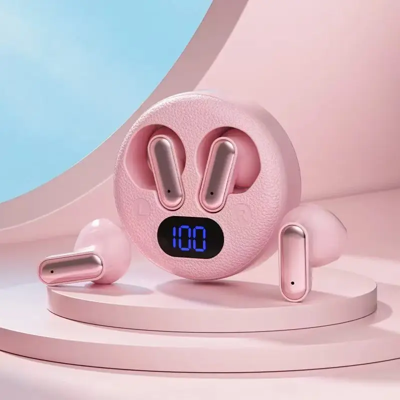 X19 Pink Wireless Bluetooth Earbuds, Leather Texture Round Charging Case with Digital Power Display, Touch Control HiFi Stereo H