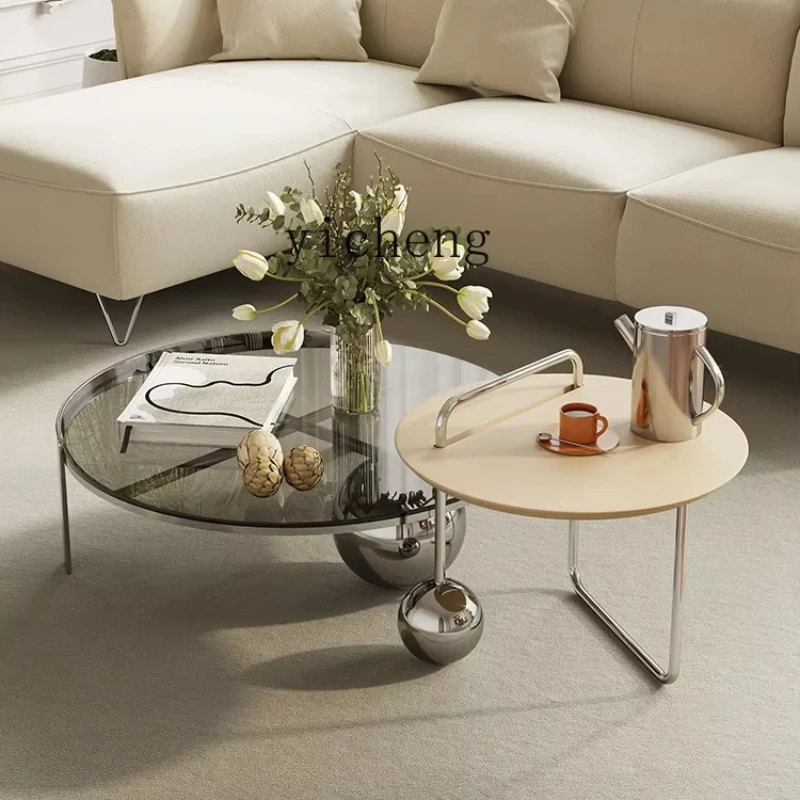 

TQH glass coffee table balcony living room household stainless steel table small round table combination