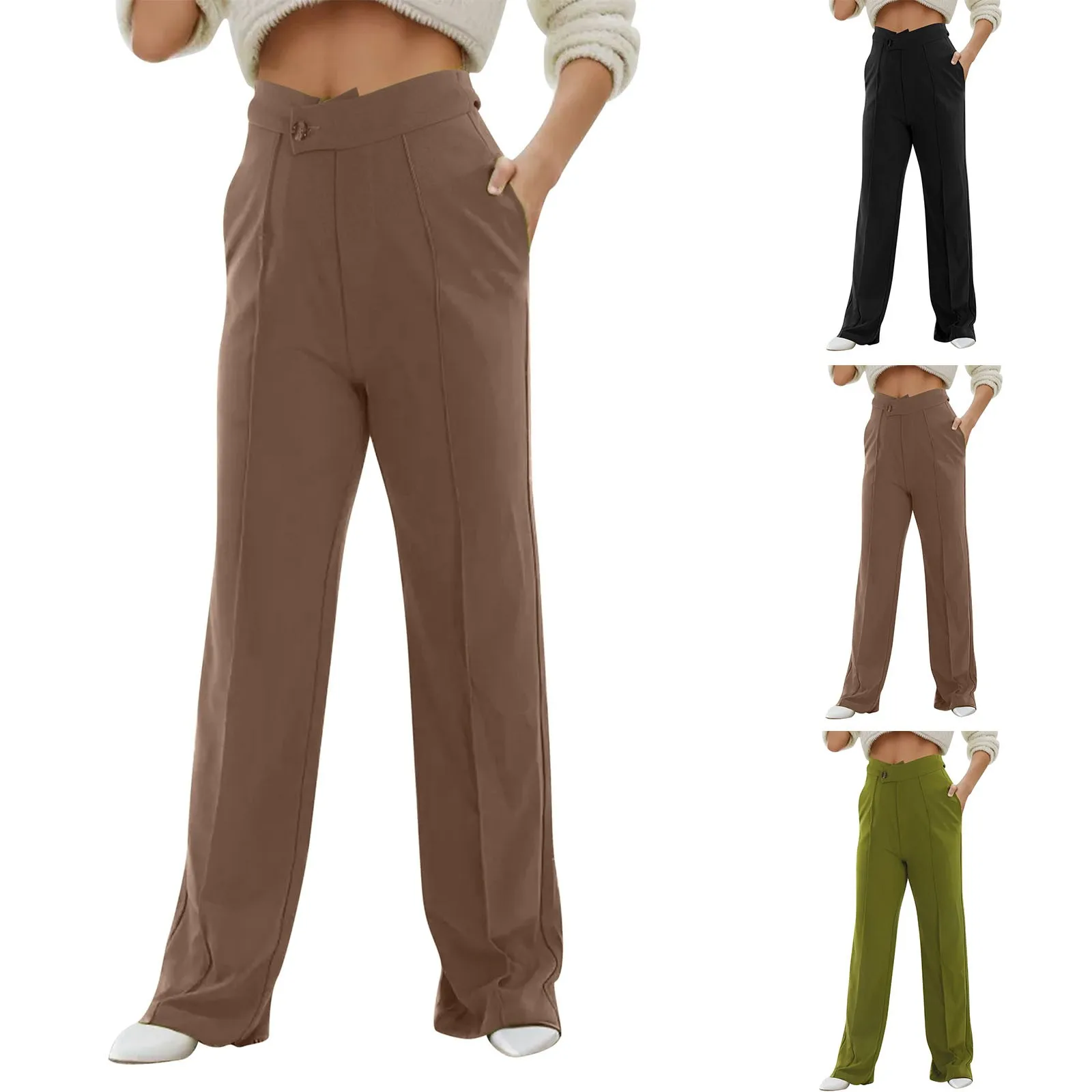 

Women's High Waisted Skinny Trousers Cross Button Fashion Solid Colour Straight Pants Temperament Versatile Flared Drag Pants