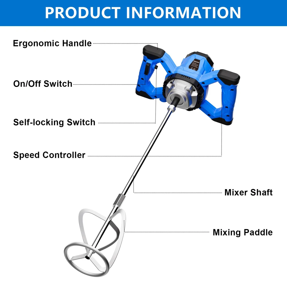 Powerful Handheld Electric Concrete Mixer Portable Mortar Mixer 6-Speed Adjust Corded Mixing Machine For Cement,Paint,Mud,Mortar