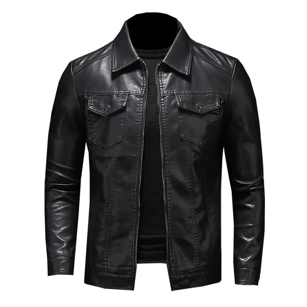 

Men's Motorcycle Leather Jacket Large Size Pocket Black Zipper Lapel Slim Fit Male Spring Autumn High Quality PU Coat