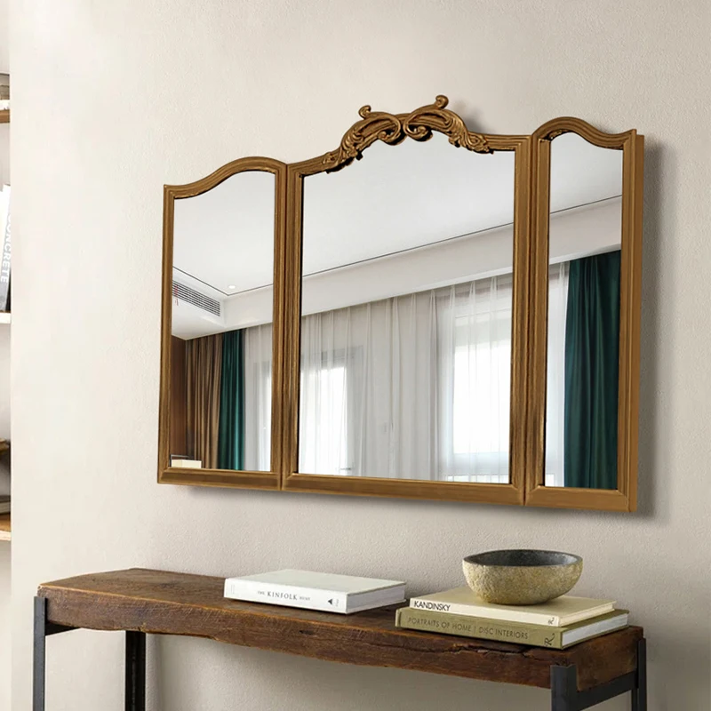 Cermin lipat tiga bergaya retro Prancis, cermin kamar mandi, gantung dinding, toilet, lipat, lemari rias kamar tidur, bergaya abad pertengahan, tiga sisi