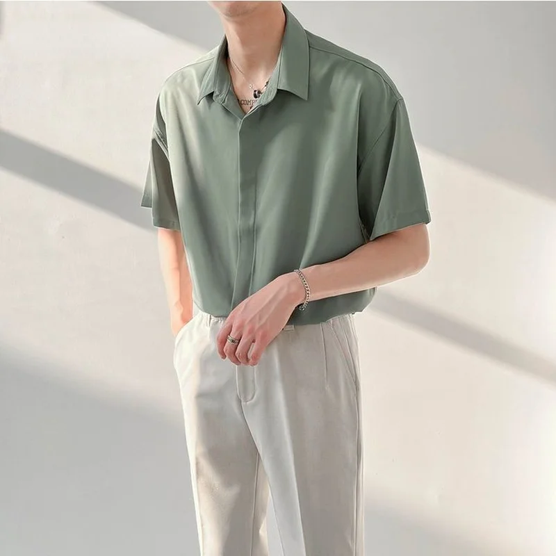 Summer Thin Short Sleeve Silk Shirt Men Top Quality Korean Fashion Loose Casual Solid Color Trend High-end Drape Button Up Shirt