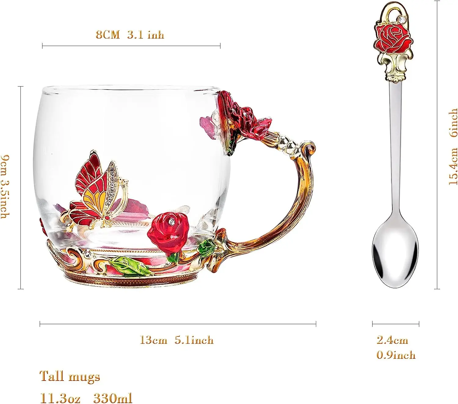 Glass Coffee Enamels Mug Best Gifts for Mom Women Butterfly Rose Lead-Free Stocking Stuffers for Woman Red Tea Cup with Spoon