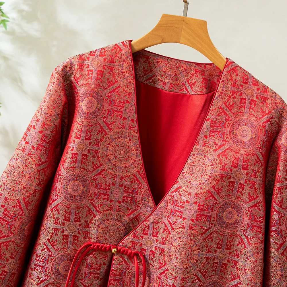 Damesmode Herfstkleding Pioen Gedrukt Natuurlijke Moerbei Zijde Lied Brokaat Diagonale V-hals Nieuwe Chinese Stijl Jas