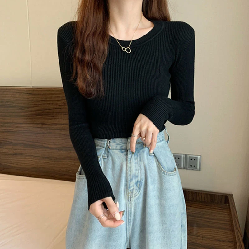 Rimocy Basic Round Neck Knit Sweater Women Spring Autumn Ribbed Long-sleeved Sweaters Woman Solid Color Slim Fit Pull Femme 2022