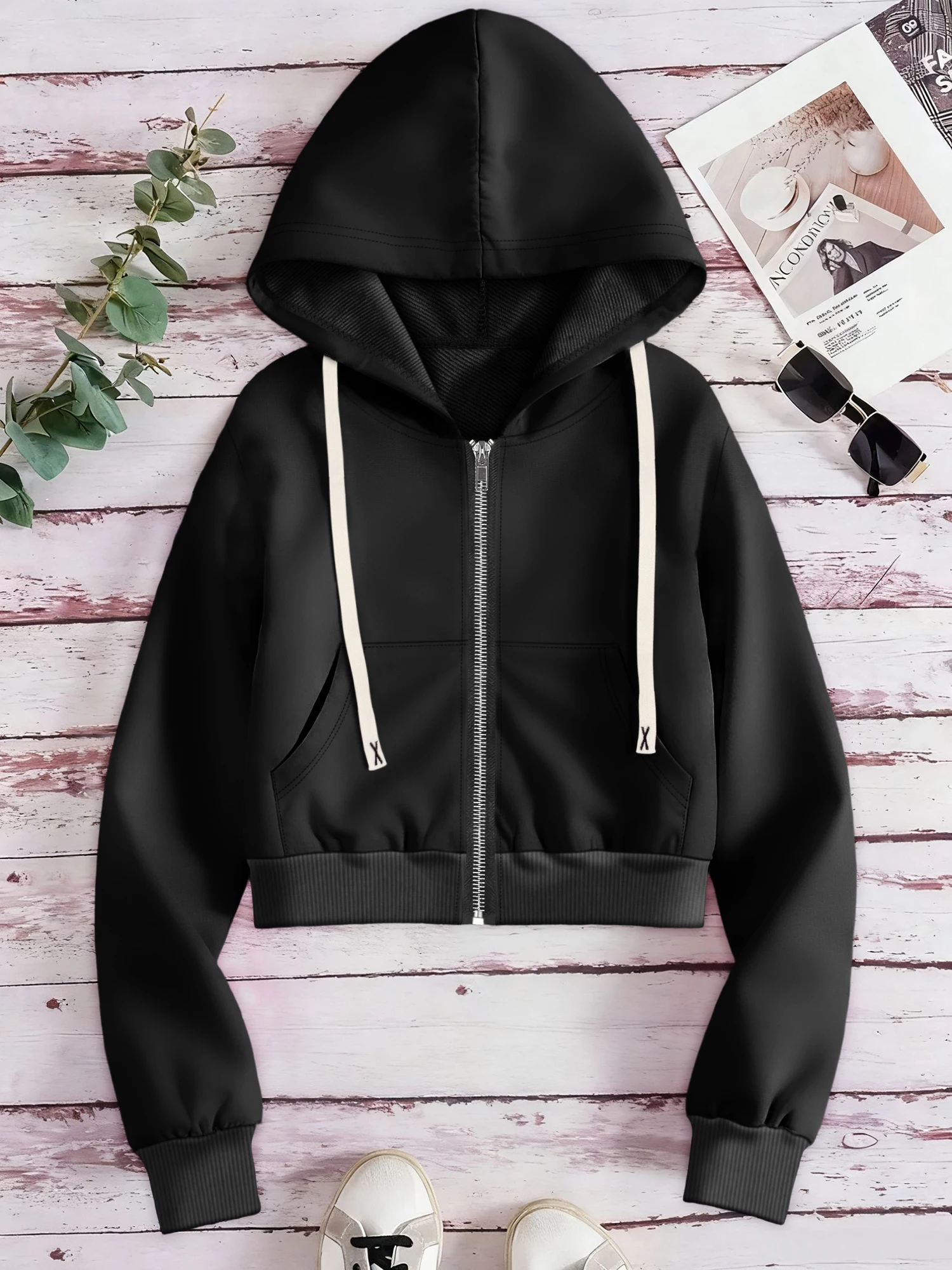 

Transitional Season Cropped Hooded Jacket, Full Zip Hooded Sweatshirt for Spring & Autumn Layering