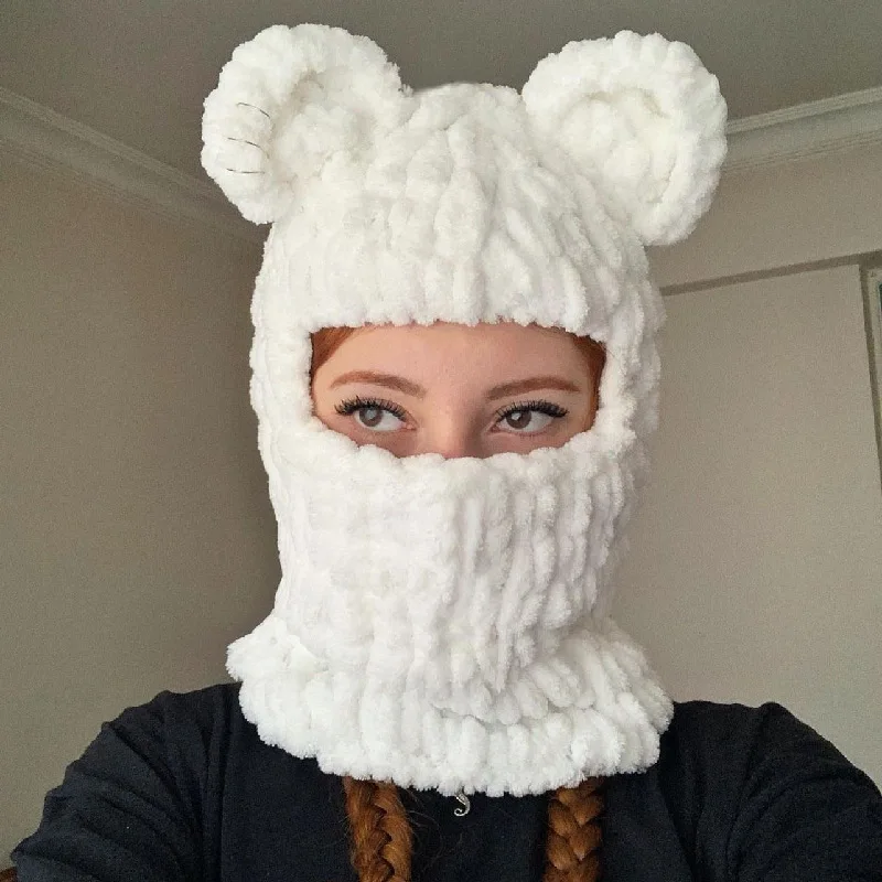 Y2K Unisex Winter Beanie Cute Knitted Cartoon Bear Ears Funny Hat Thickened Warm Balaclava Neck Warm French Cover Hat