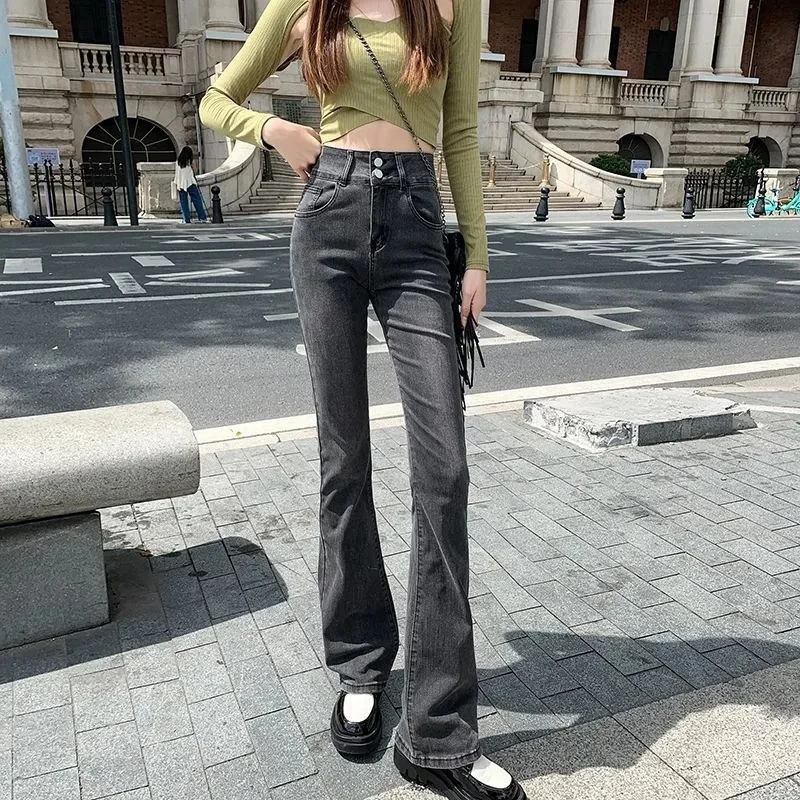 

Bootcut Jeans Women Tall Folded Full Hemline Waisted Elegant Thin Low Quality Sequined Hip Shaped Front Piece Spliced Season Ins