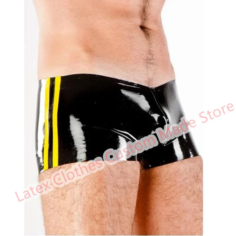 

Men Latex Shorts Sexy Fetish Rubber Underwear Black with Yellow Trim Custom Made