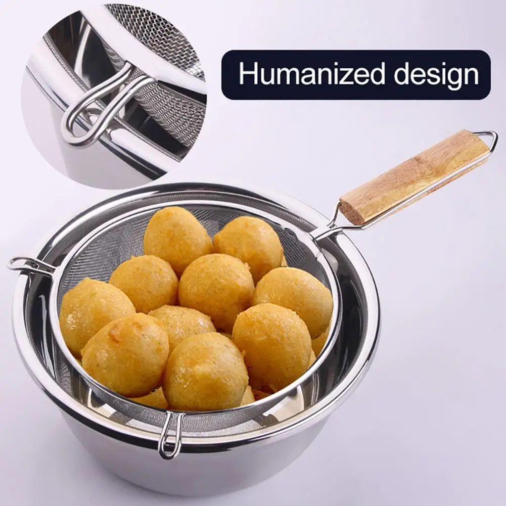 Filter Kitchen Tools Stainless Steel Sifter Strainer Colander Wooden Handle Sieve 12.5-20cm Muti-Size Oil Double Mesh For Home