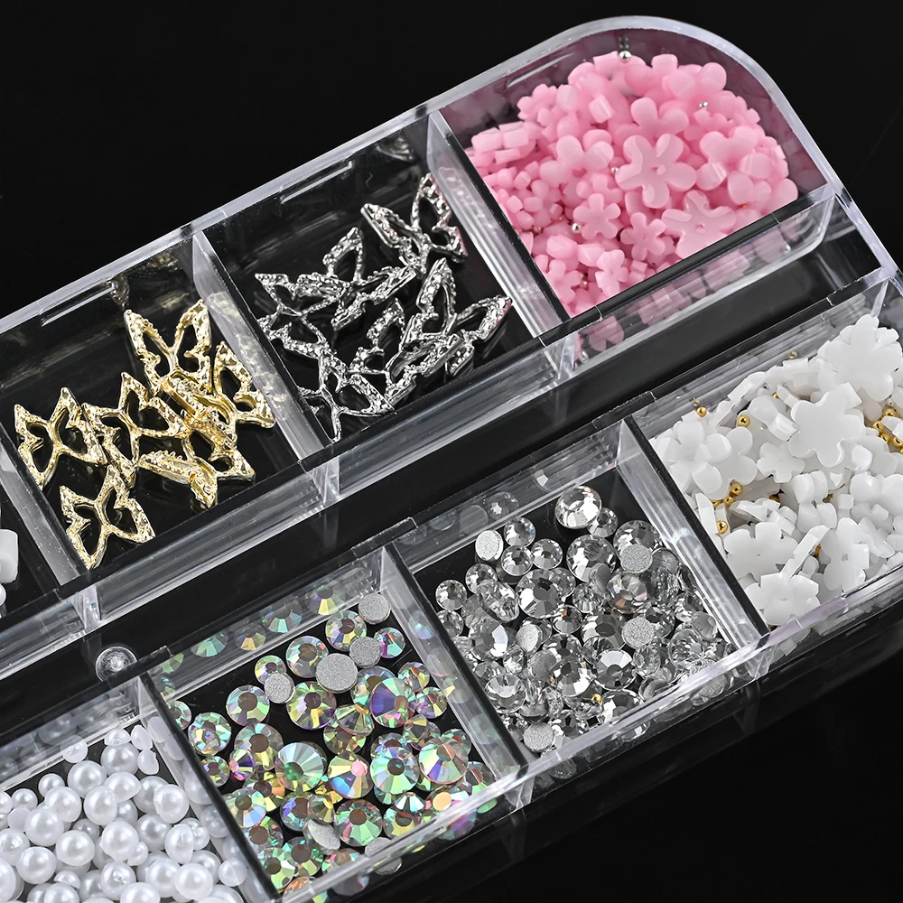 12 Grids Rosa Gemischte Harz Bogen Blume Perle Herz Nagel Charms Legierung Hohl Schmetterling Strass Nagel Dekorationen Maniküre Schmuck
