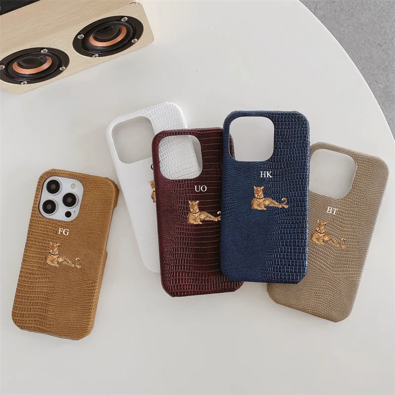 Personalise Initial Name Lizard Leopard Leather Case For Iphone 11 12 13 14 15 16promax 14 15 Plus Xs Luxury Lizard PU Hard Case