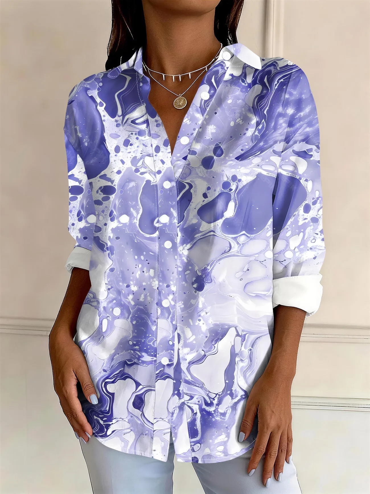 New Blue and Purple Marble Print Men's Long Sleeve Shirt - Artistic and Lightweight Luxury Casual Shirt Clothing