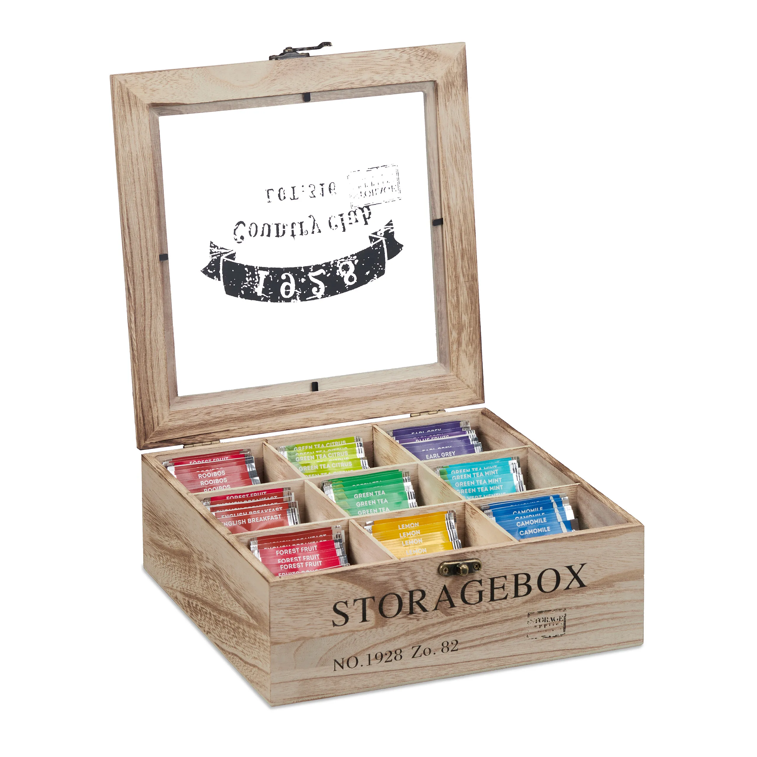 Scatola per tè, con 9 scomparti e finestra, per bustine di tè e capsule di caffè, in legno di paulownia, colore naturale, 24 x 25 x 9 cm, scatola per tè, organizer per tè, Relaxdays.