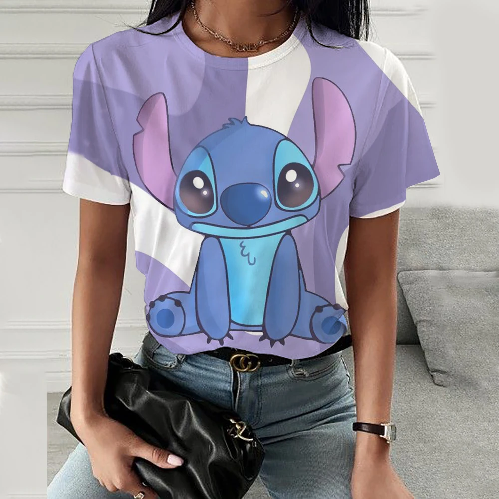 Kawaii Lilo Stitch Print T-shirts Tops for Women Lady Summer Children T-shirts Casual O-neck Ohana Stitch Disney T-shirts