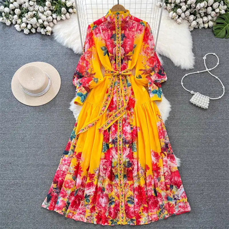 

High End Light Luxury Elegant Long Dress Women Retro Lantern Sleeve Stand Neck Slim A-Line Positioning Printed Dress Z3642