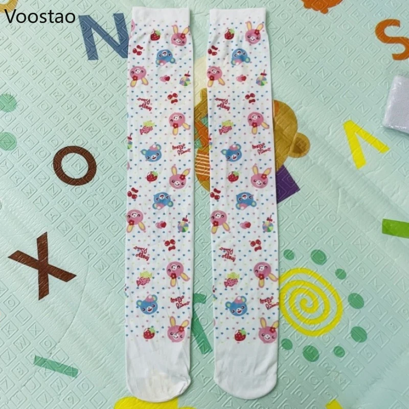 

Japanese White Cartoon Bear Bunny Dot Print Lolita Stockings Cute Foot Socks Knee High Thigh Socks Cosplay Harajuku Y2k Stocking