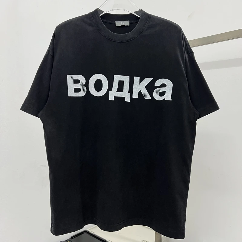 

fashion brand high street 2025 new American creative retro mottled alphabet print short sleeve heavy wash to do old round collar