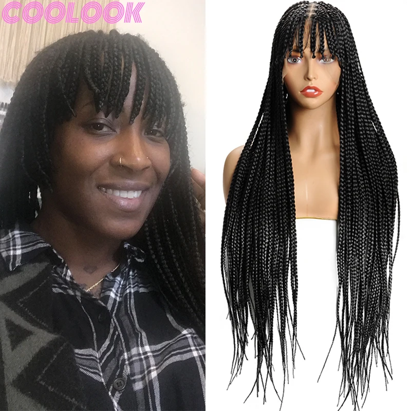 Coolook Synthetic Full Lace Front Braided Wig 32'' Knotless Crochet Braids Fringe with Bangs Wig Cornrow Braid Lace Frontal Wigs