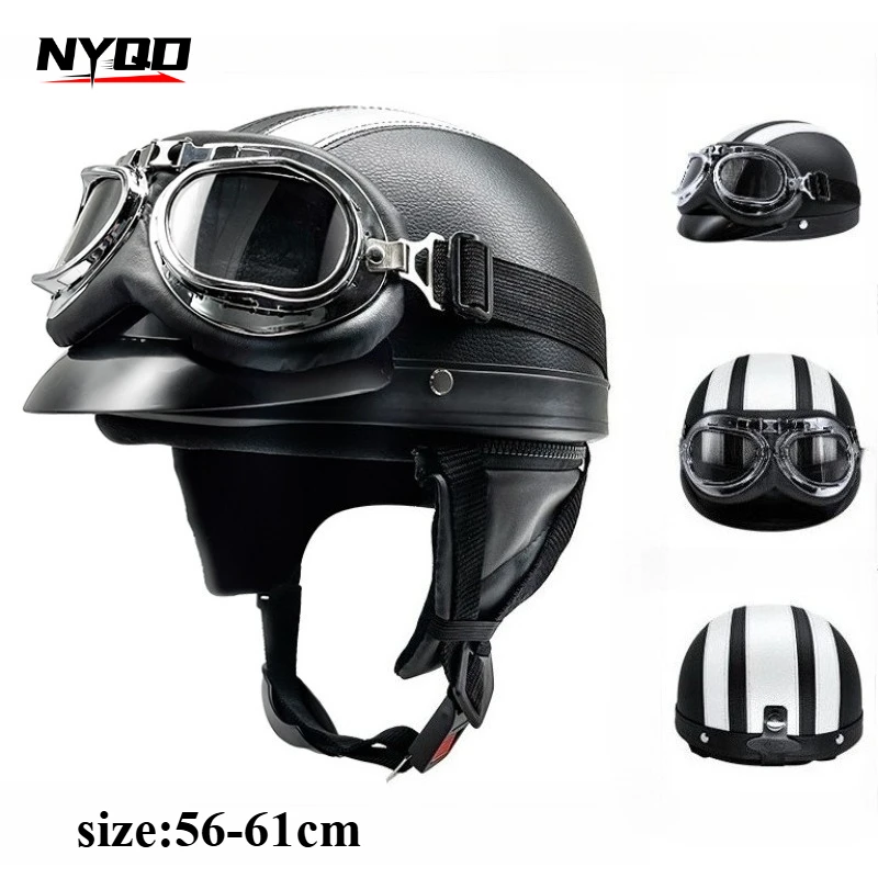 

Кожаные мотоциклетные шлемы в стиле ретро для мужчин и женщин, винтажный мото полушлем с очками, четыре сезона, езда на скутере Capacetes