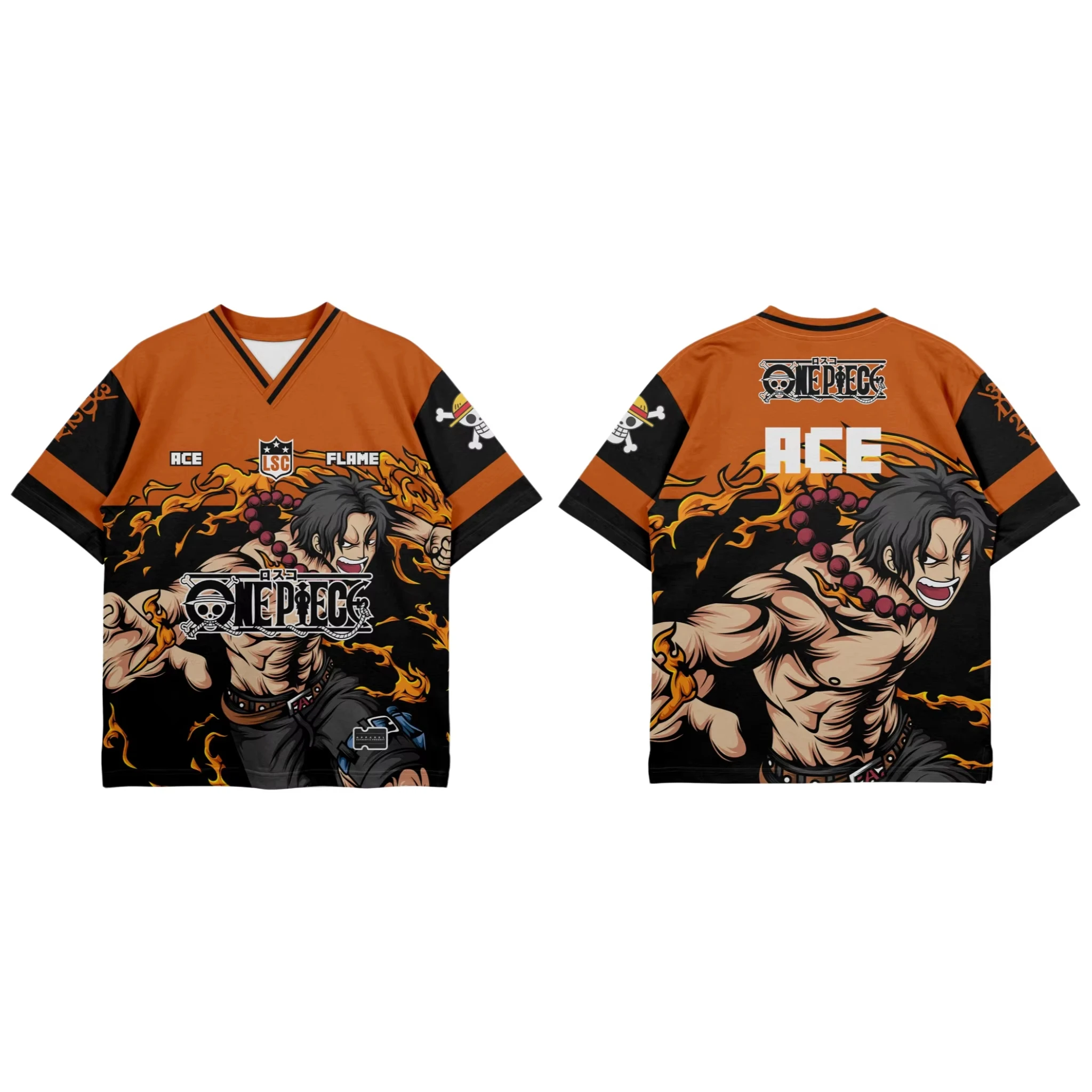 Bandai Portgas D. Ace Jumpsuit Anime Sports Casual V-neck T-shirt for Summer Quick Drying and Breathable Family Matching