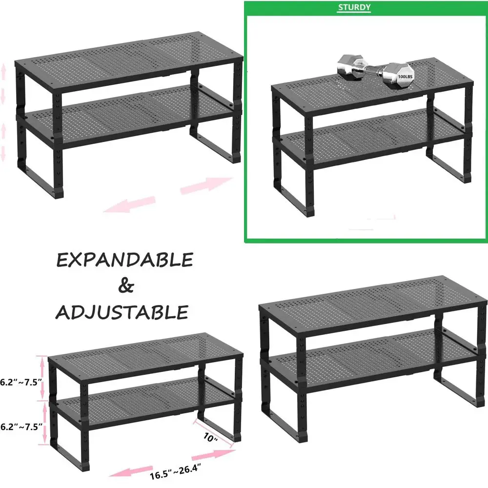 

Expandable Stackable Metal Shelving Unit - Versatile Storage for Kitchen, Bathroom, Office, Garage and More (Black/Large)