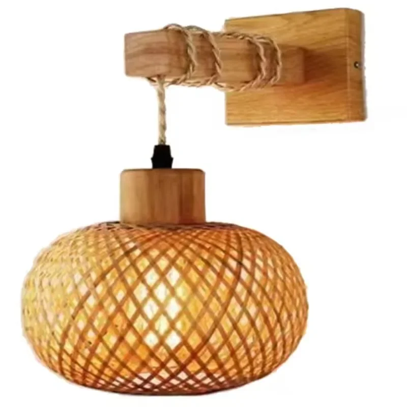 

Retro Style Bamboo Woven Bedside Wall Lamp Restaurant Rattan Lamp Wooden Bedroom Farmhouse Rural Interior Background Wall Lamp