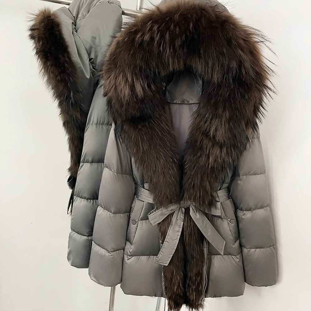 OFTBUY Luxus-Daunenjacke mit Echtfell-Gürtel, Neue Warme Dicke Winterkleidung für Damen, Großer Echter Waschbärpelz-Besatz, Daunenjacke für Frauen – Detail 25