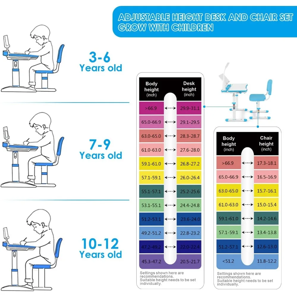 Kids Study Desk and Chair Set Height Adjustable Children School Table Large Writing Board Desk with LED Lamp Pull Out Drawer