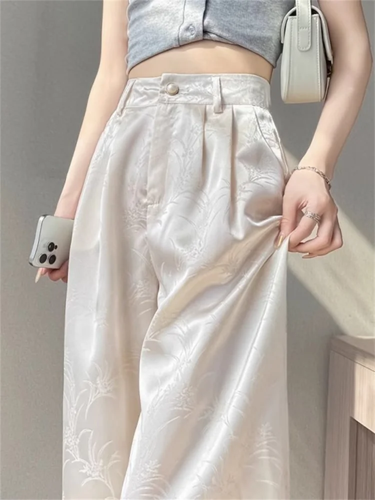

New Chinese Style Ice Silk Acetate Satin Wide Leg Casual Pants Women's High Waist Polyester Blend Floral Embroidery Trousers