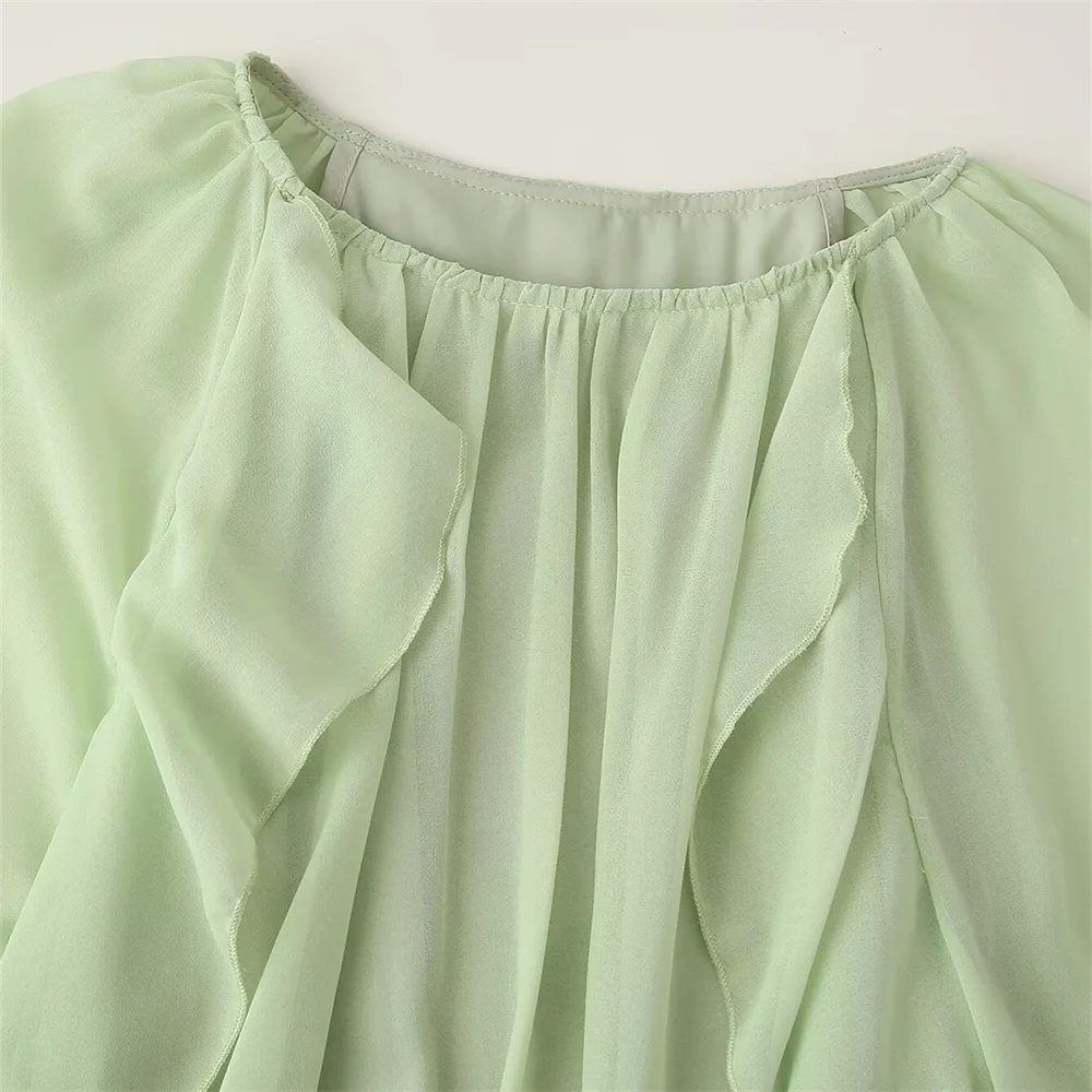 Outono novo feminino francês retro em torno do pescoço manga comprida em camadas plissado borda decoração fino vestido de férias