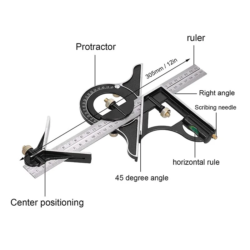 Multi Functional Combination Adjustable Right Angle Ruler and Protractor, Movable Measuring Tool Measuring Instrument