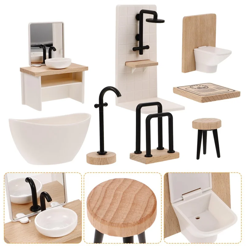 ABWE-8Pcs salle de bain toilette baignoire bassin armoire de salle de bain en bois avec évier meubles miniatures pour une installation facile