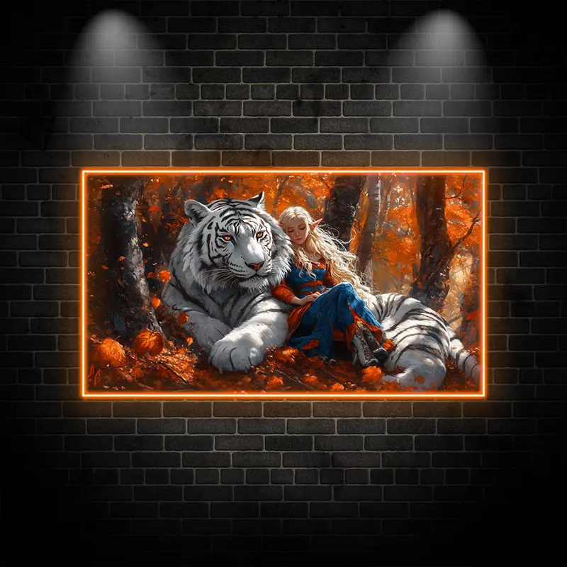 Enchanting White Tiger & Elf Neon LED Light, Fantasy Forest Scene, Magical Wall Art for Home Decor, Perfect for Bedroom Decor