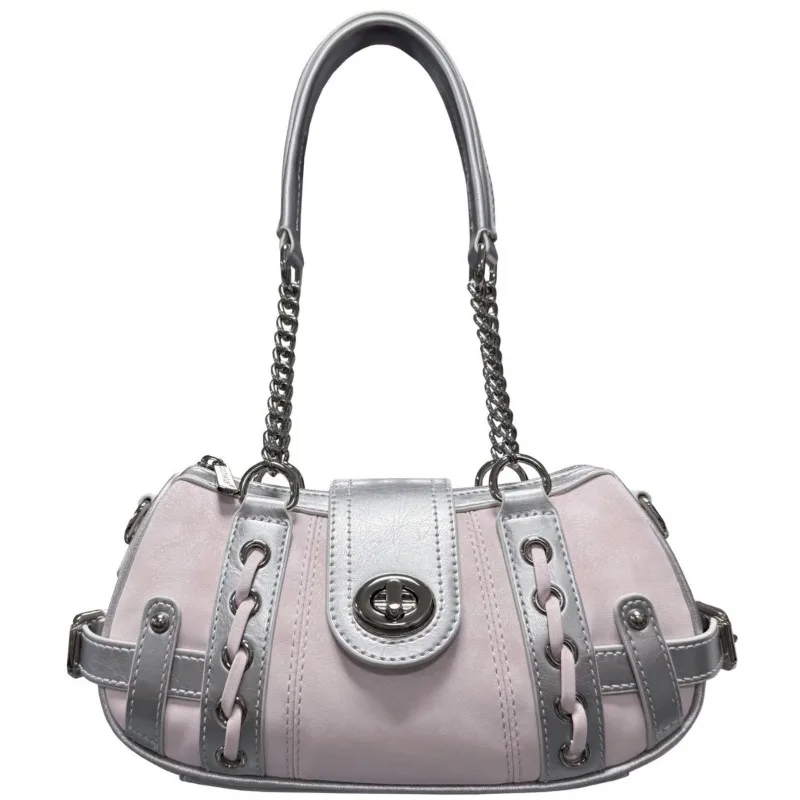 

Y2K Pink Pu Leather Shoulder Bag Hot Girl Summer Fashionable Designer Vintage Locomotive Style Underarm Bag Handbag Bolso Mujer