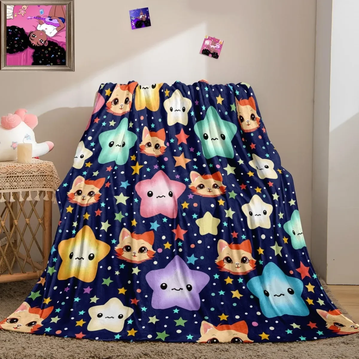 Star Blanket for Kids Girls Boys  Star and Cat Print for Bed Soft Blanket for Adults Warm for Couch, Blue