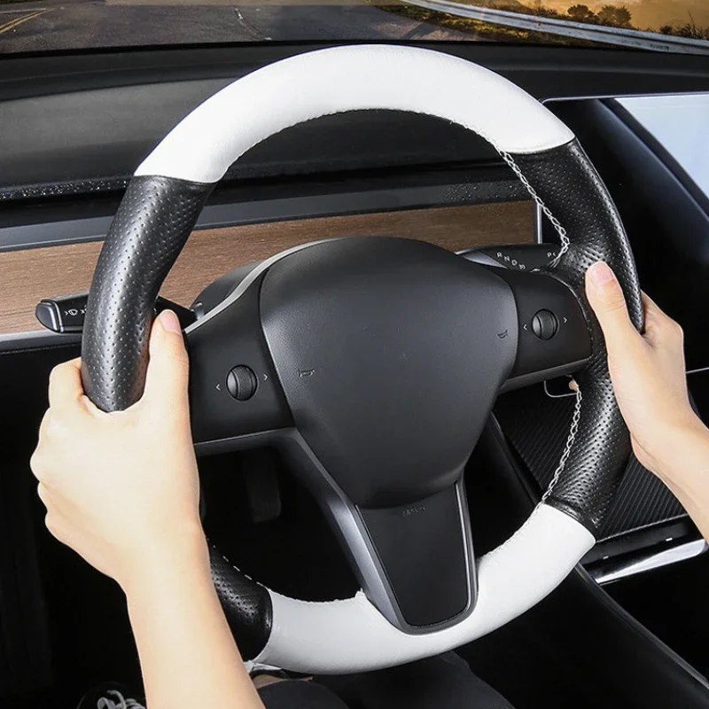 Hand Sewed Car Steering Handle Covers for Tesla Model 3/Y 2021-2023 Car Accessories Hand-made Steering Wheel Replacement Shell