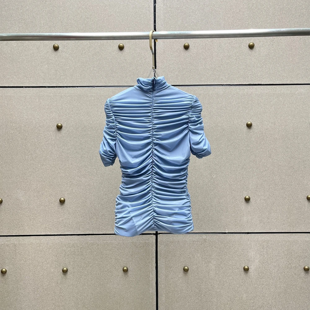 

Light Blue Ruched Turtleneck T-shirt for Women with 3D Flower Decor Short Sleeve Bodycon Top Blouse Elegant Slim Fit for Party
