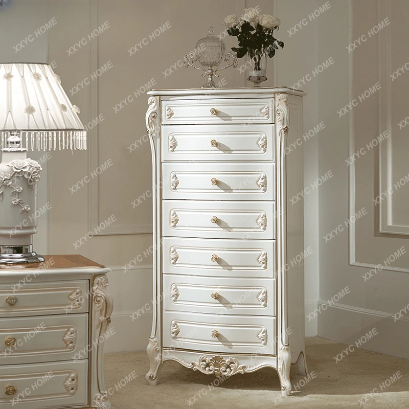 French Royal Style 7-Drawer Cabinet Solid Wood European Furniture Pearl White Locker Cajonera