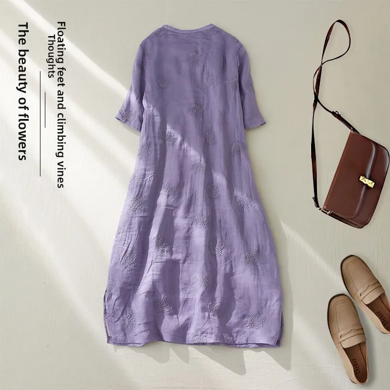 Ele Algodão Linho Dr Bordado Roxo Feminino Midi Dr Clássico Chinês Sle Rejuvenescedor Design Artístico