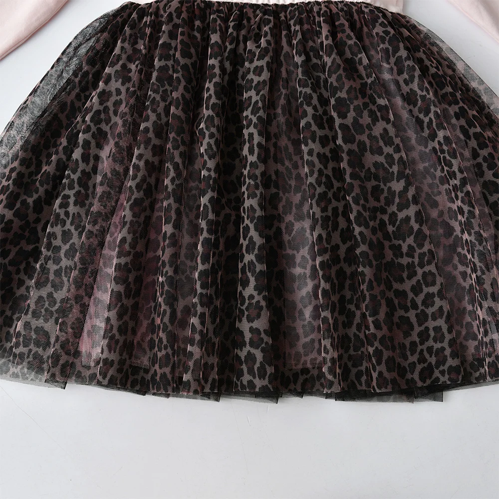 VIKITA Kids Leopard Print Dress Girls Cat Cartoon Flare Sleeve Princess Dresses Girls Autumn Spring Patchwork Fashion Dress
